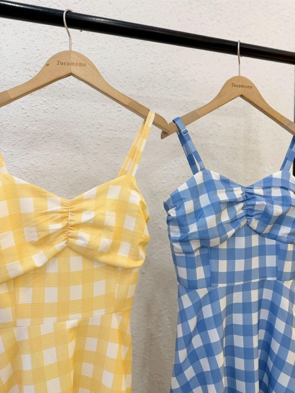 野餐格抓皺長洋裝 