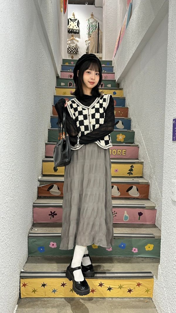 有釦棋盤格小背心 