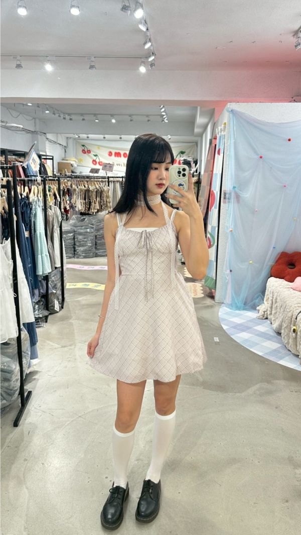 格紋蝴蝶結短洋裝 