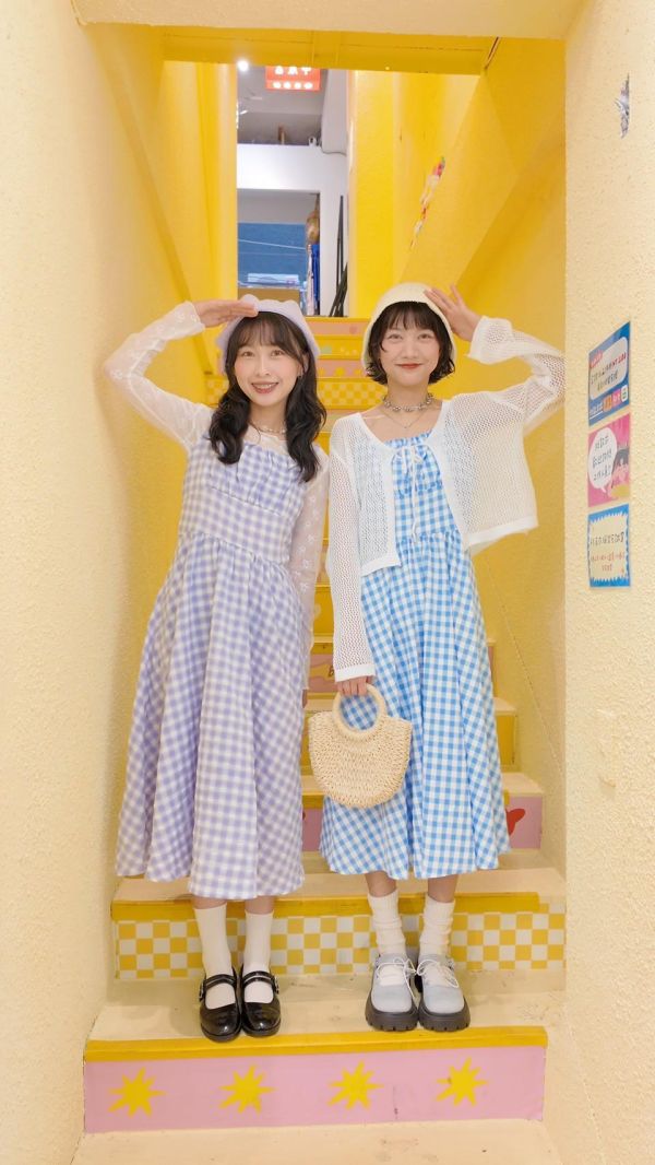 小清新格紋長洋裝 