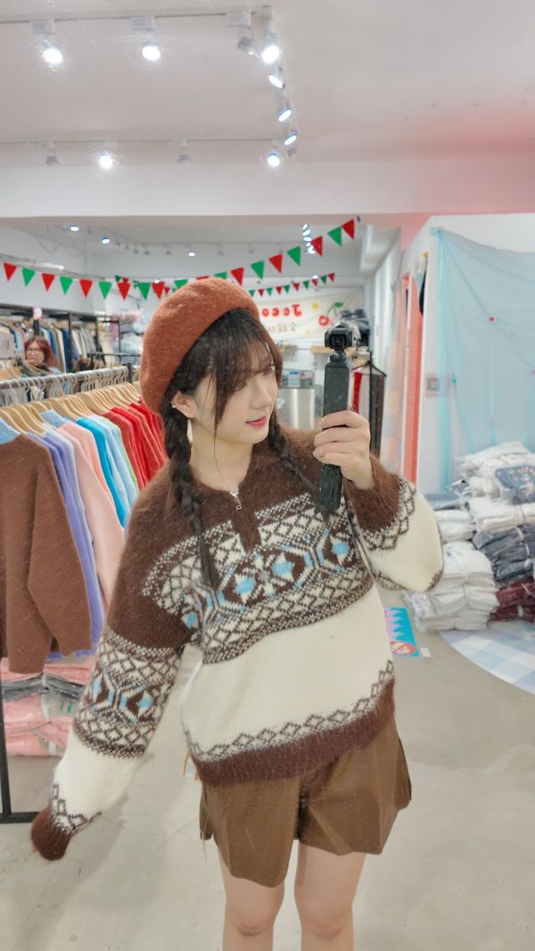 復古圖騰半拉鍊毛衣 