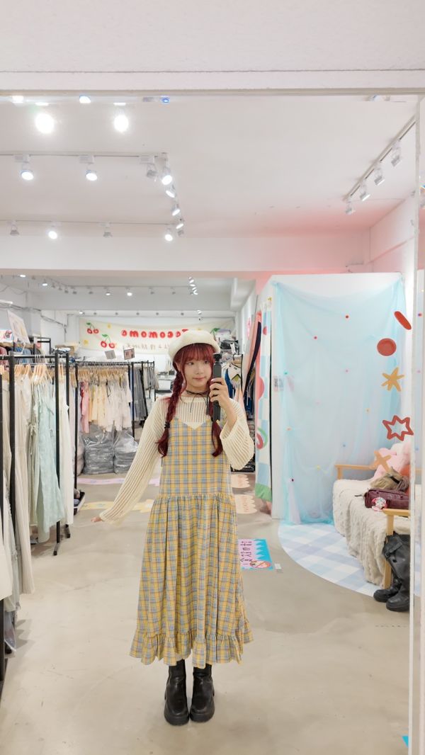 撞色格紋綁帶洋裝 