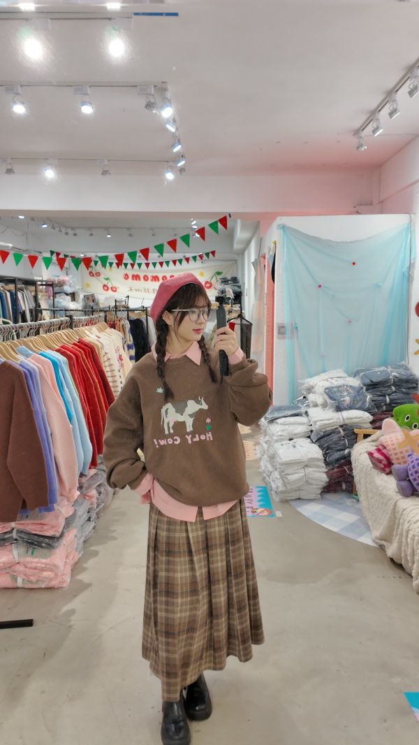 質感打摺格紋長裙 