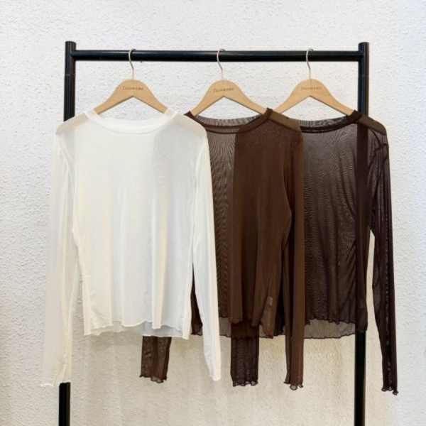 簡約圓領長袖透膚 