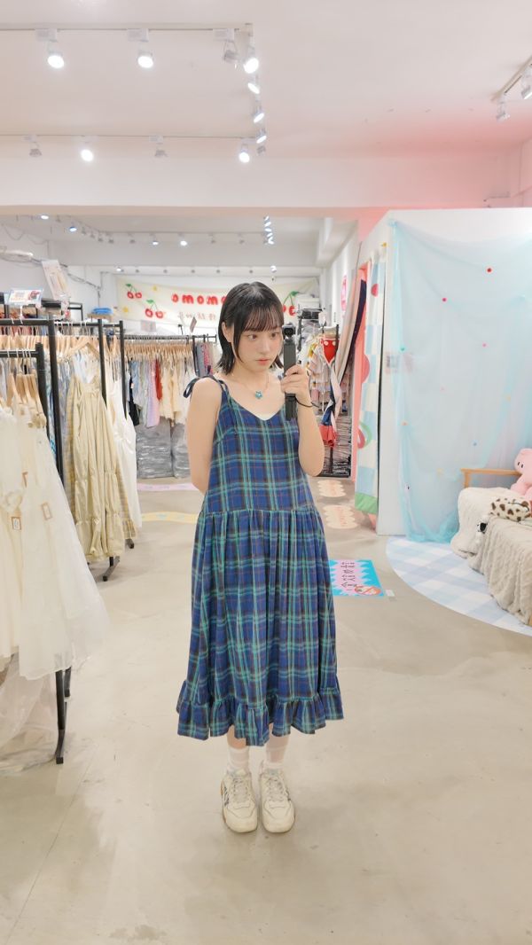 撞色格紋綁帶洋裝 