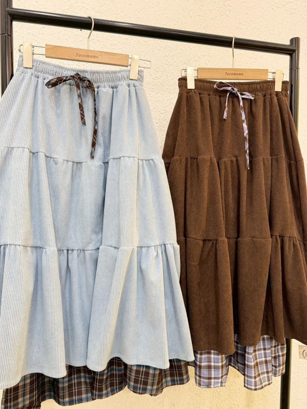 格紋雙層拼接長裙 (冬) 