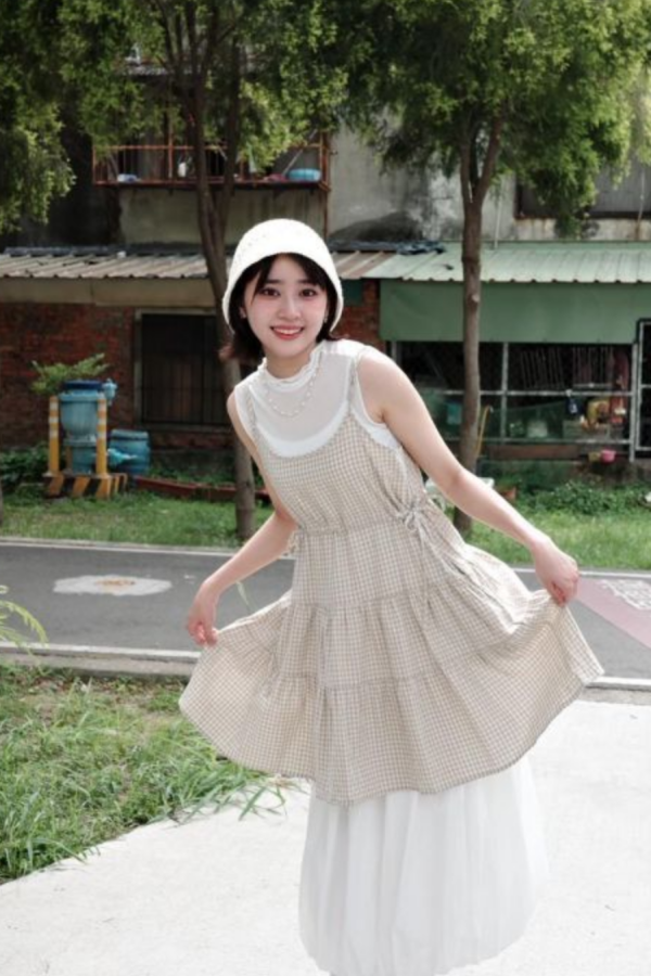 自訂款-少女細格紋蛋糕短洋裝 