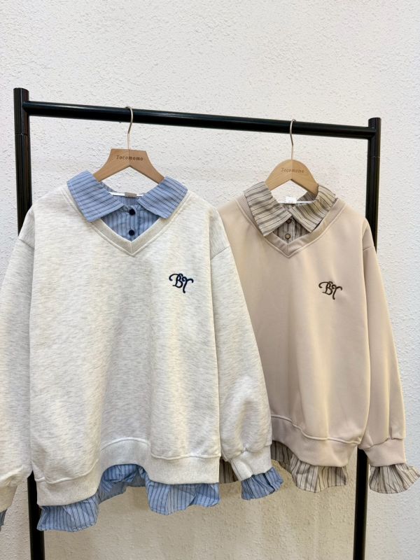 條紋襯衫假兩件大學踢 (無刷毛) 