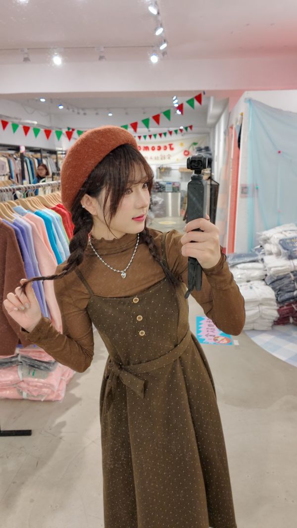 細肩圓釦點點長裙 (冬) 