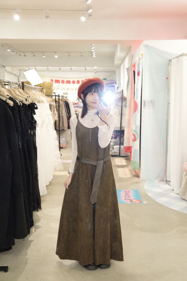 復古點點細肩長裙 (冬) 