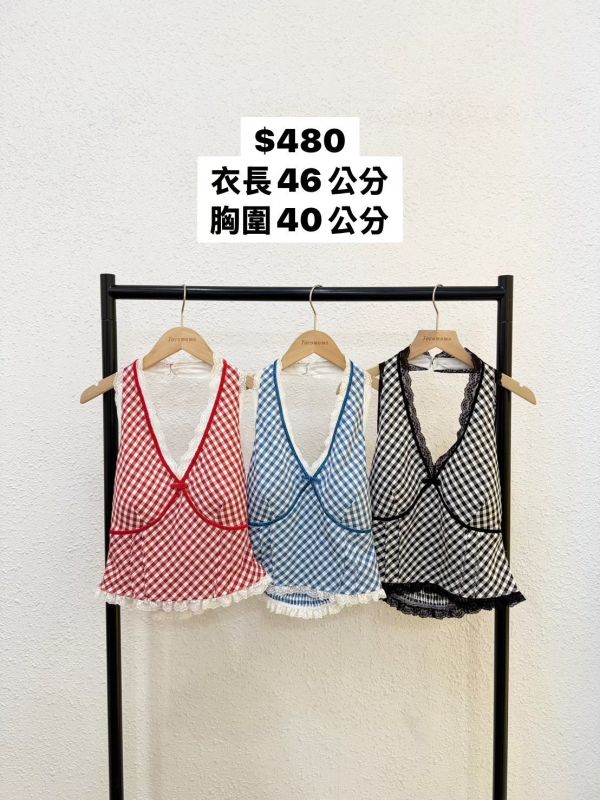 夏日格紋花邊背心 