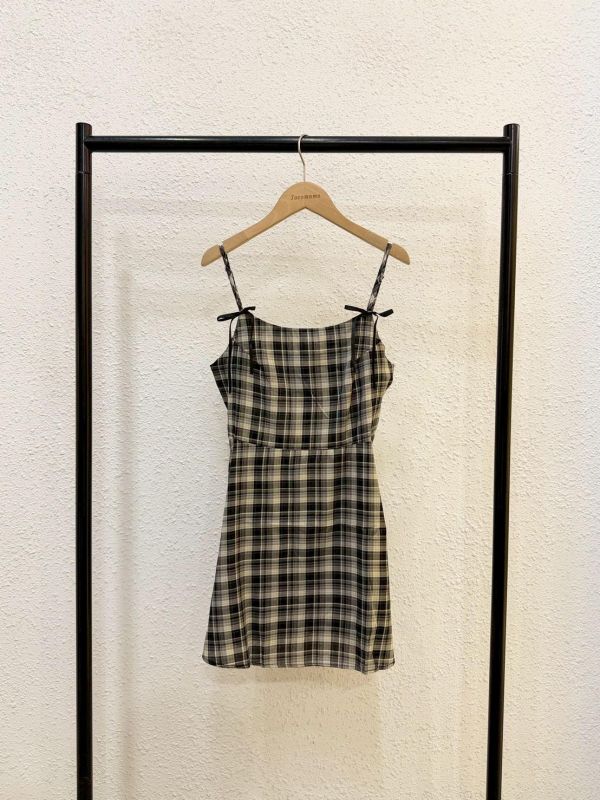 小蝴蝶結格紋短洋裝 