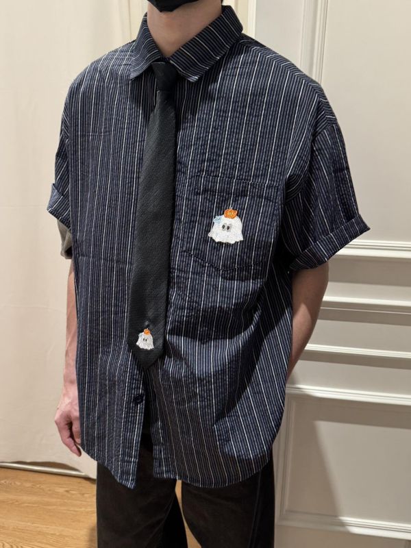 自訂款-南瓜小鬼刺繡條紋襯衫 