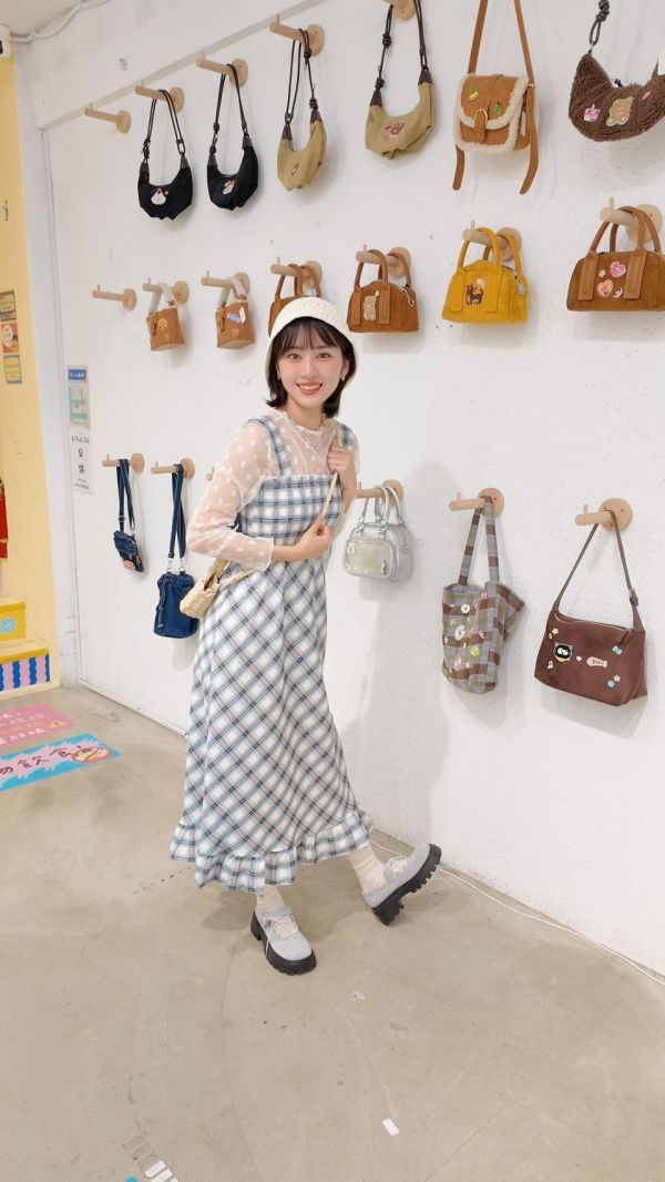 清新格紋鬆緊長洋裝 