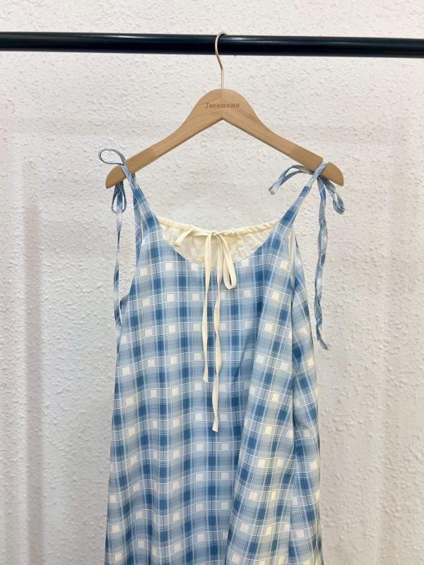 初夏藍格紋拼接洋裝 