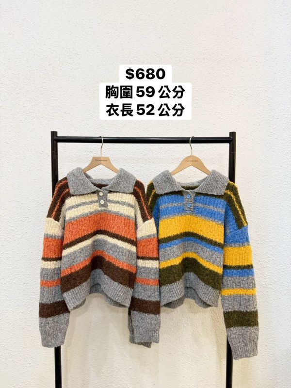 撞色條紋翻領毛衣 