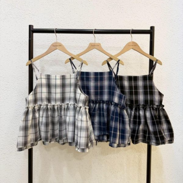 韓系格紋捲邊罩衫 