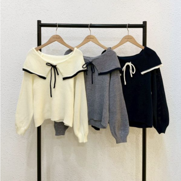 氣質大翻領綁帶毛衣 