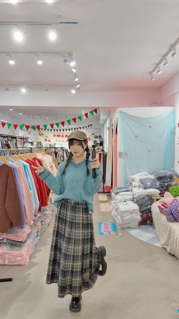 質感打摺格紋長裙 