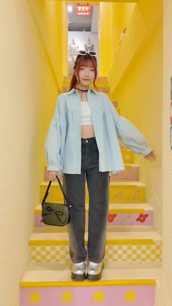 日系澎澎袖中線襯衫 