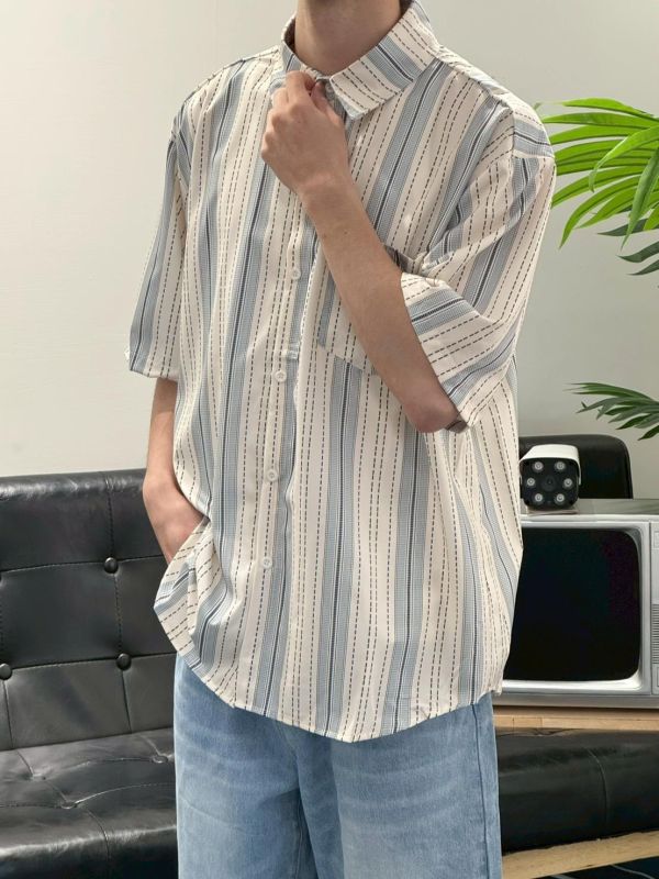 文青間格線條襯衫 