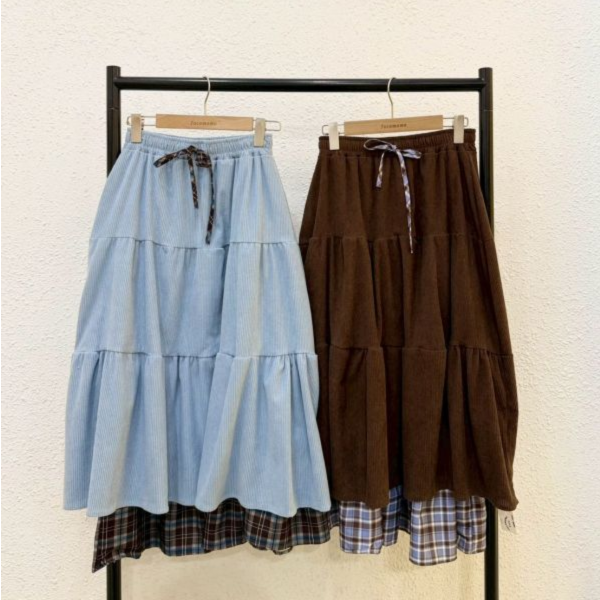 格紋雙層拼接長裙 (冬) 