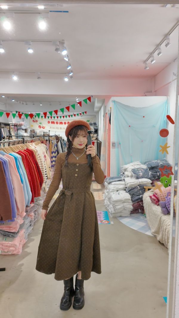 細肩圓釦點點長裙 (冬) 