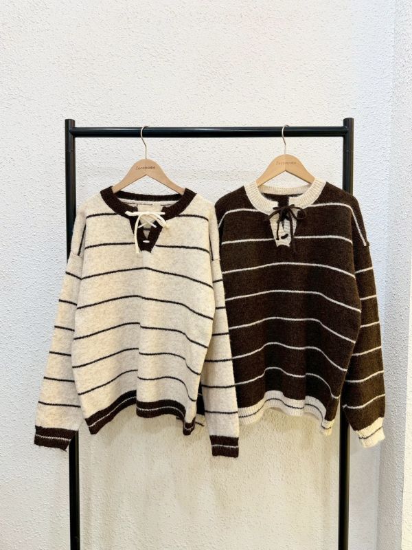 復古細條紋綁帶毛衣 