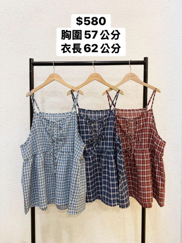 皺皺格紋綁帶罩衫 