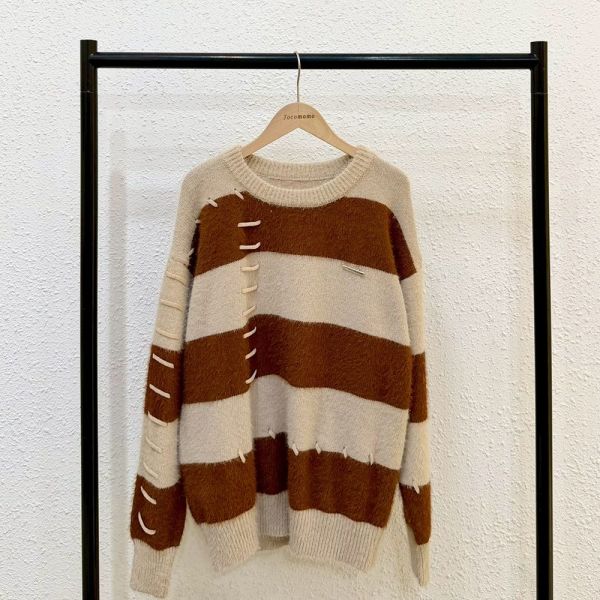 復古手縫感條紋毛衣 