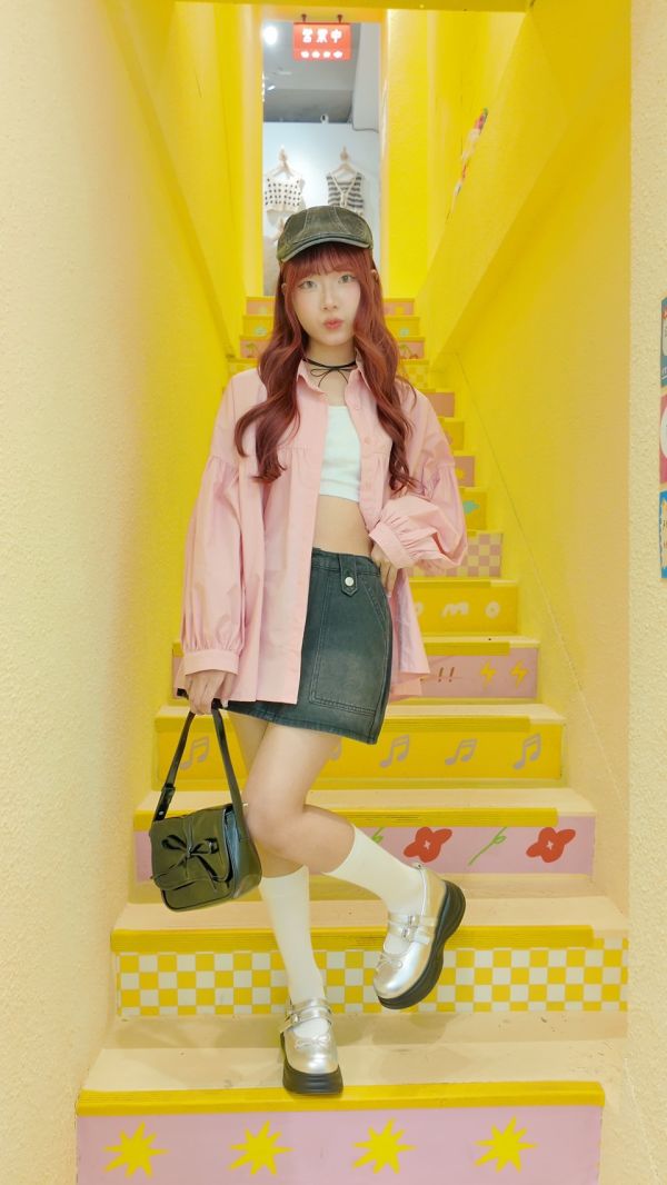 日系澎澎袖中線襯衫 