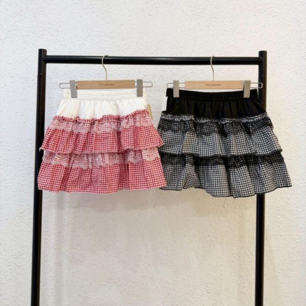 拼接格紋蕾絲短裙 