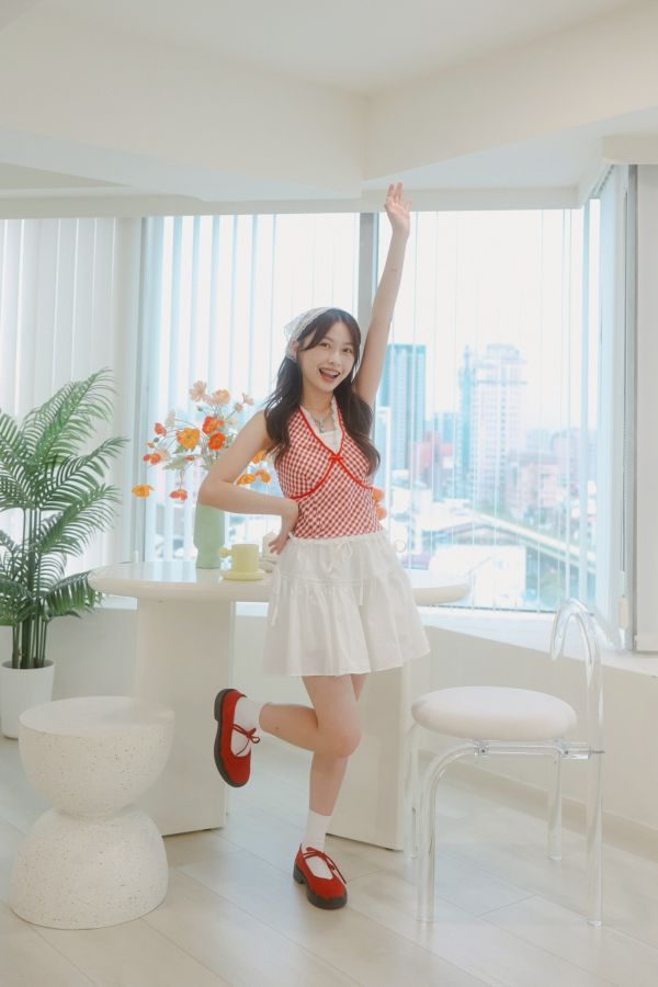 夏日格紋花邊背心 