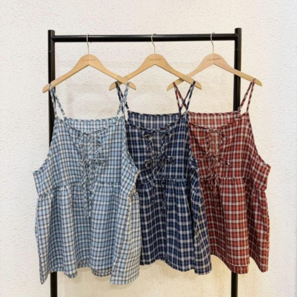 皺皺格紋綁帶罩衫 