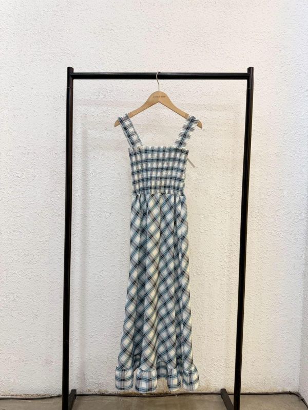 清新格紋鬆緊長洋裝 