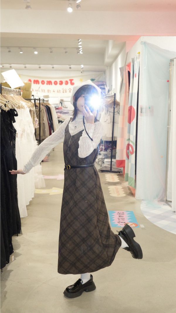 細肩菱格紋長裙 (冬) 