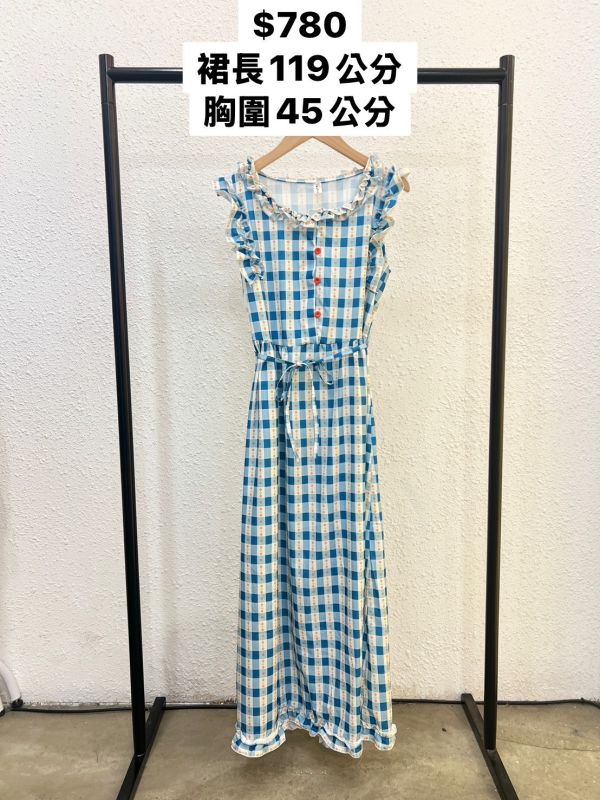 復古捲邊格紋洋裝 