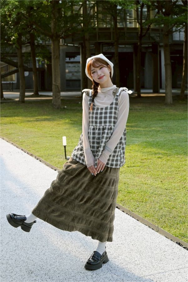 可愛壓皺格紋罩衫 