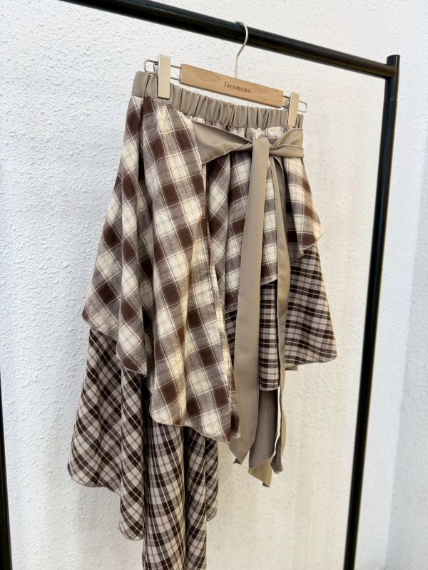 拼接綁帶格紋長裙 