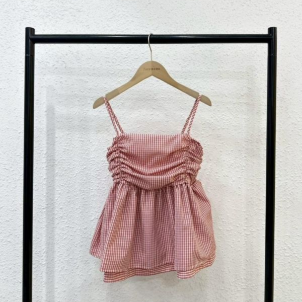 可愛格紋抓皺罩衫 