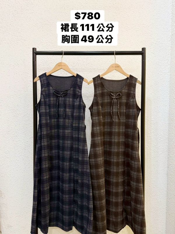 寬肩蝴蝶結方格洋裝 (冬) 