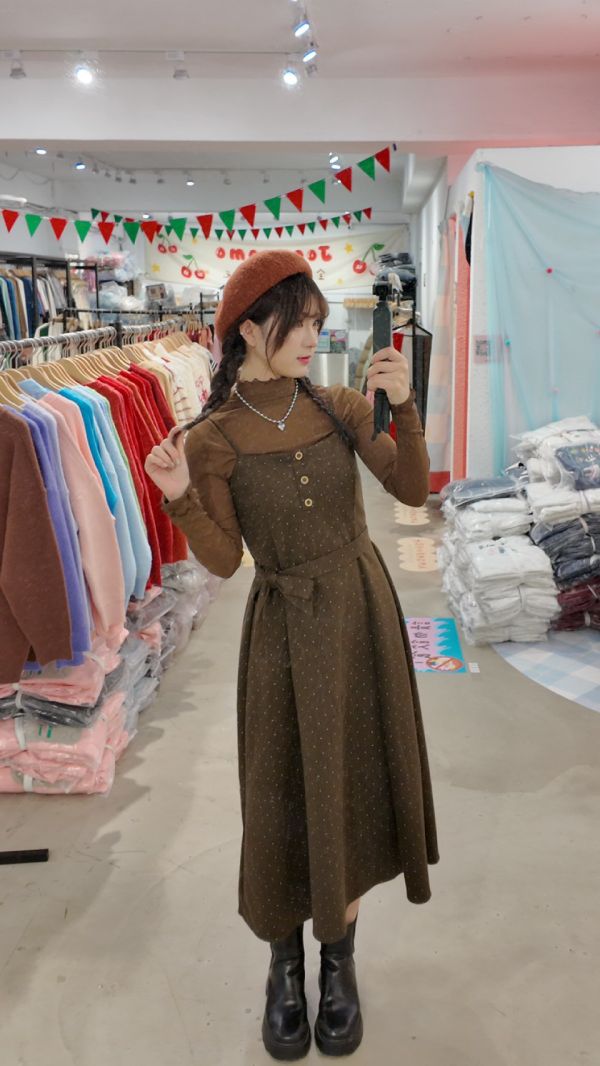 細肩圓釦點點長裙 (冬) 