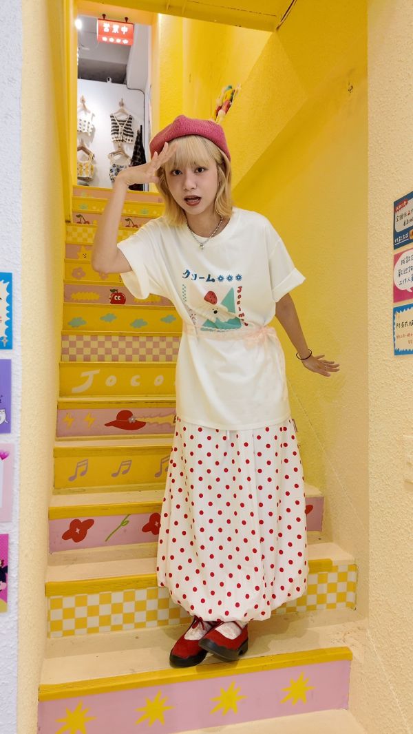 復古紅波點氣球裙 