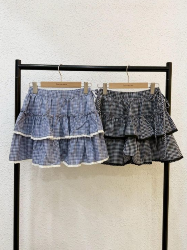 日系格紋小蕾絲短裙 
