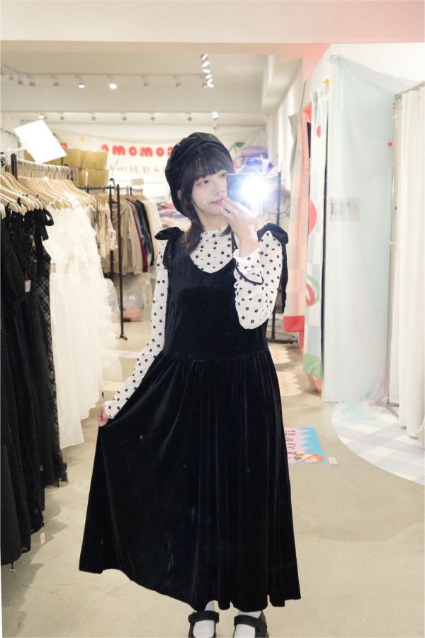 粗綁帶絲絨長洋裝 (冬) 