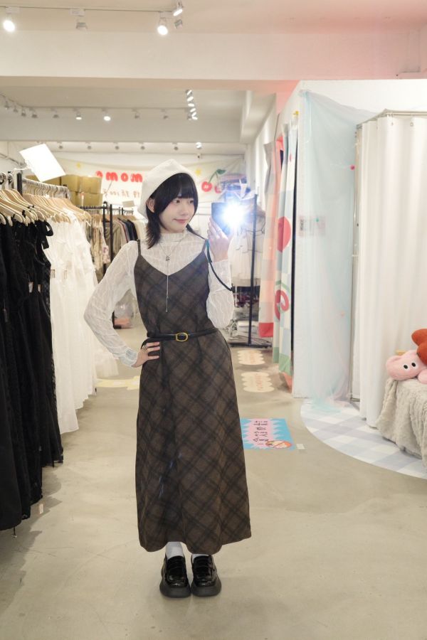 細肩菱格紋長裙 (冬) 