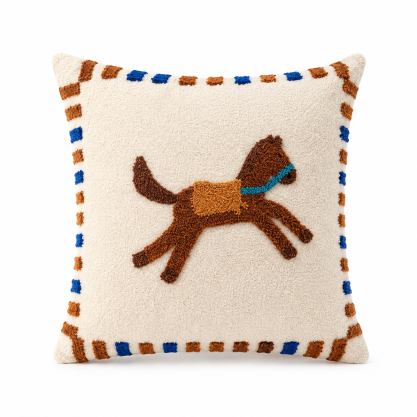 米白童趣小馬刺繡抱枕 