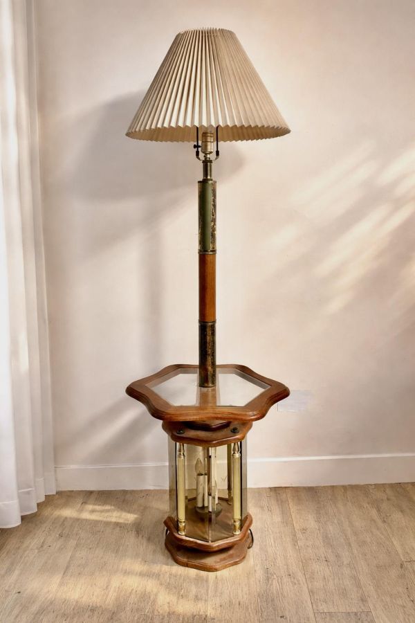 早期胡桃木百摺玻璃桌立燈 