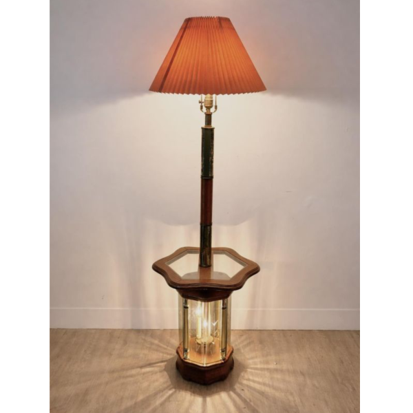 早期胡桃木百摺玻璃桌立燈 