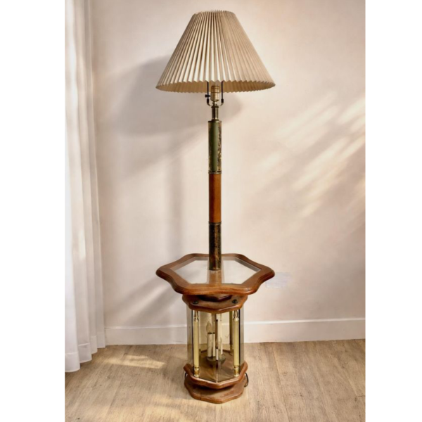 早期胡桃木百摺玻璃桌立燈 